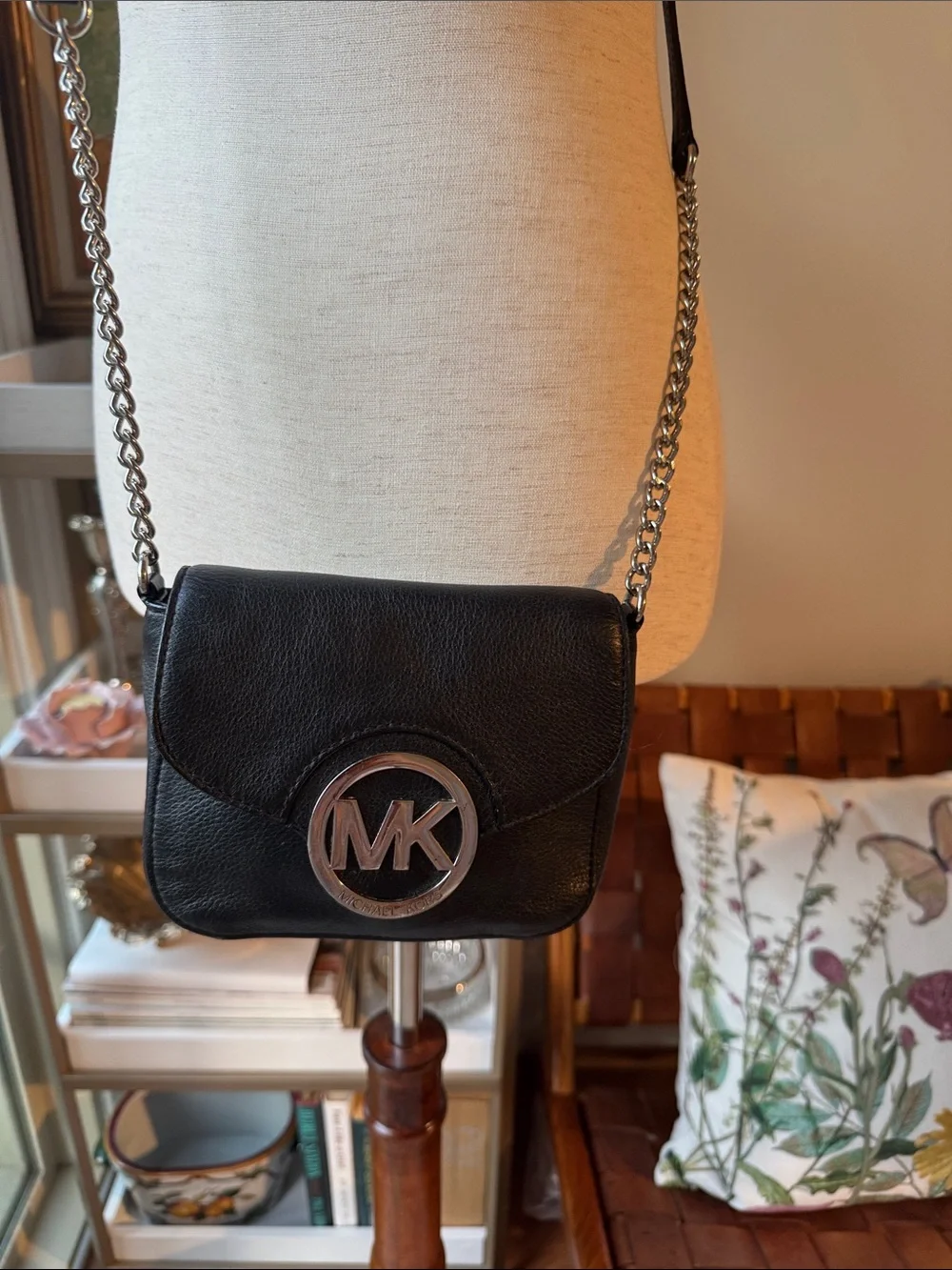 Michael Kors Black Leather Crossbody with Silver MK Logo